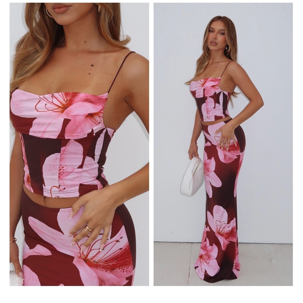 White Fox Boutique Pink and Brown Floral Maxi Dress